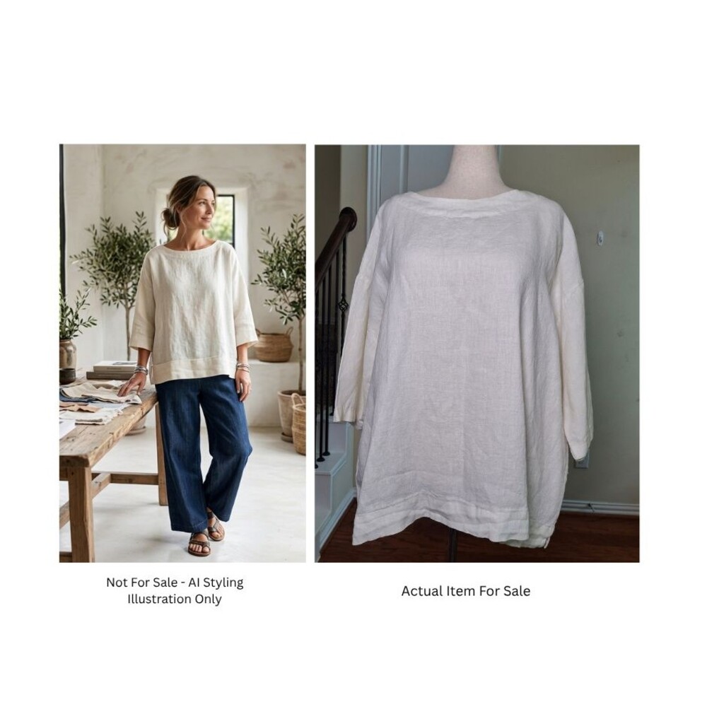 Bryn Walker Linen Drop Sleeve Blouse Top White XL Lagenlook Travel Vacation